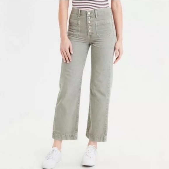 AMERICAN EAGLE OUTFITTERS HI RISE BUTTON FLY WIDE LEG CROP JEAN'S SIZE 8 - Picture 1 of 12